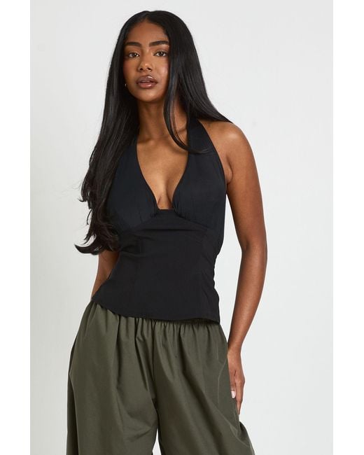 Boohoo Black Mesh Halterneck Bengaline Top