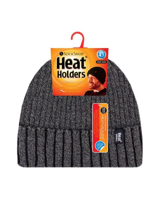 Heat Holders Black Ribbed Knit Fleece Lined Insulated Warm Turn Over Cuff Thermal Winter Beanie Hat for men