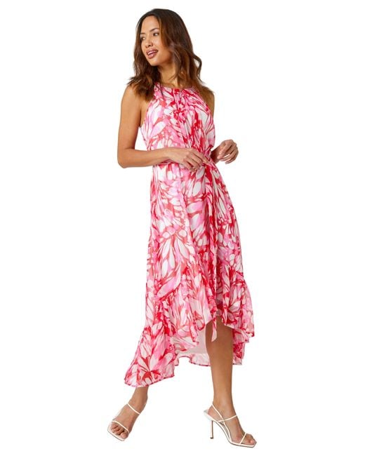 Roman Red Halter Neck Butterfly Print Asymmetric Dress