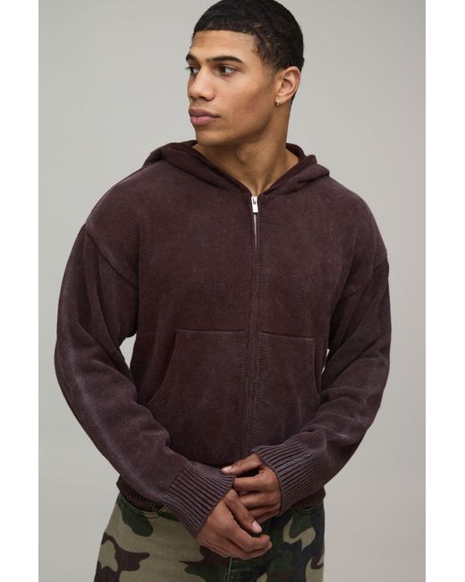 BoohooMAN Brown Boxy Fit Washed Effect Knitted Hoodie for men