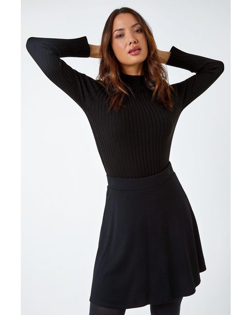 Roman Black Elastic Waist Stretch A Line Skater Skirt