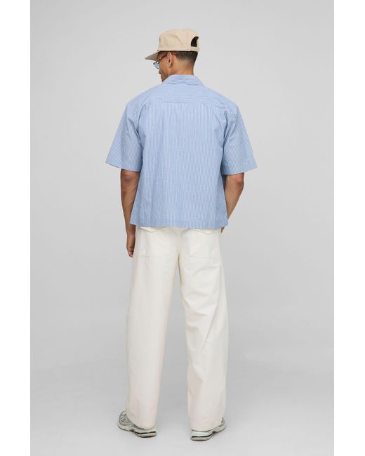 BoohooMAN Blue Oversized Half Sleeve Stripe Collared Shirt for men
