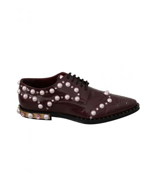 Dolce & Gabbana Brown Bordeaux Leather Crystal Pearls Formal Shoes