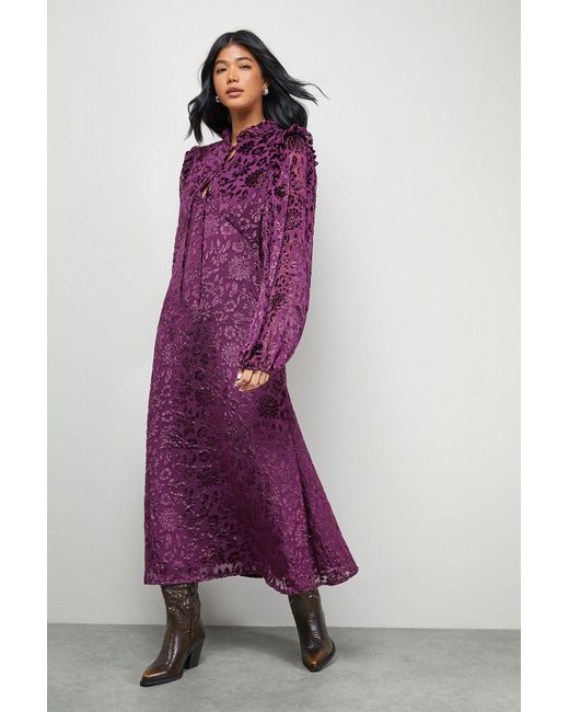 Warehouse Purple Burnout Velvet Frill Shoulder Tie Front Midi Dress