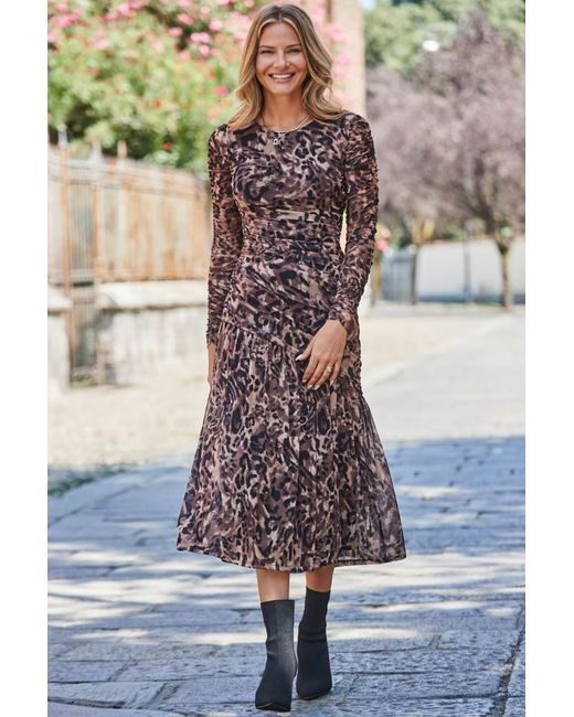 Sosandar Gray Petite Animal Print Mesh Ruched Waist Fit & Flare Dress