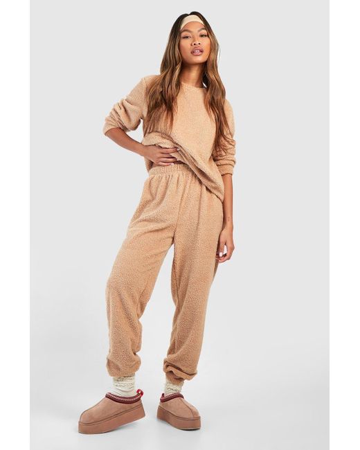 Boohoo White Teddy Fleece Long Sleeve Loungewear Jogger Set