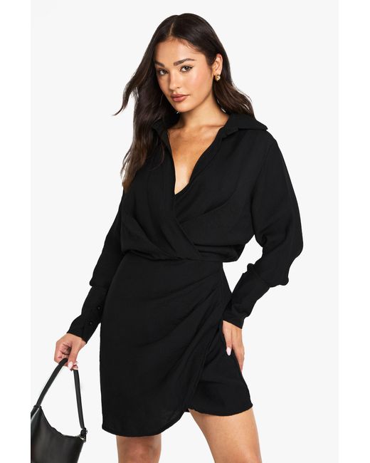 Boohoo Black Tall Collared Wrap Shirt Dress