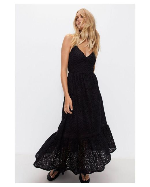 Warehouse Black Strappy Broderie Maxi Dress