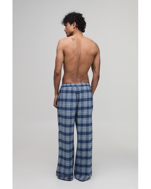 BoohooMAN Blue Wide Leg Check Lounge Bottoms for men