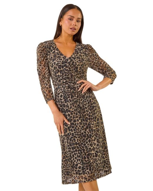 Roman Black Petite Animal Print Lace Stretch Dress