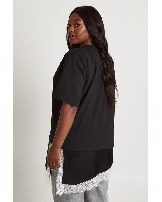 Boohoo Black Plus Contrast Lace Satin Hem T-Shirt