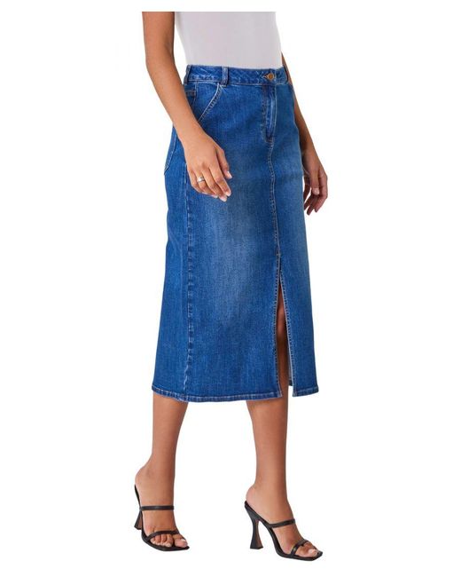 Roman Blue Cotton Blend Denim Stretch Split Midi Skirt