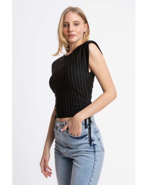 Hiccup Black Striped Round Neck Ruched Sides Drawstring Blouse
