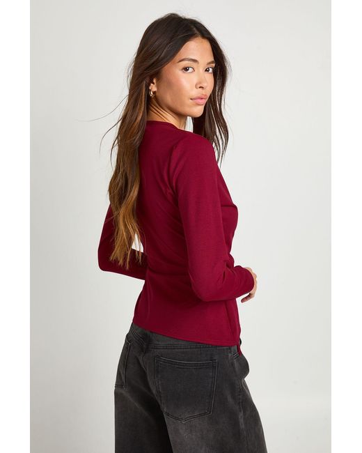 Boohoo Red Wrap Front Tie Waist Top