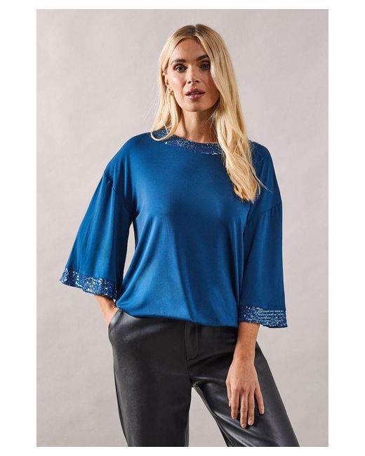 Wallis Blue Petite Occasion Sequin Trim Ity Top