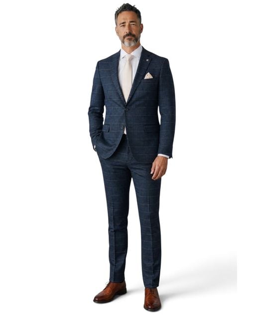 Paul Andrew Blue Tweed Herringbone Formal Check Blazer for men