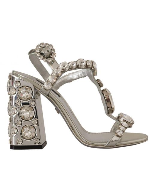 Dolce & Gabbana Metallic Crystals Strap Buckle High Heel Sandals Leather
