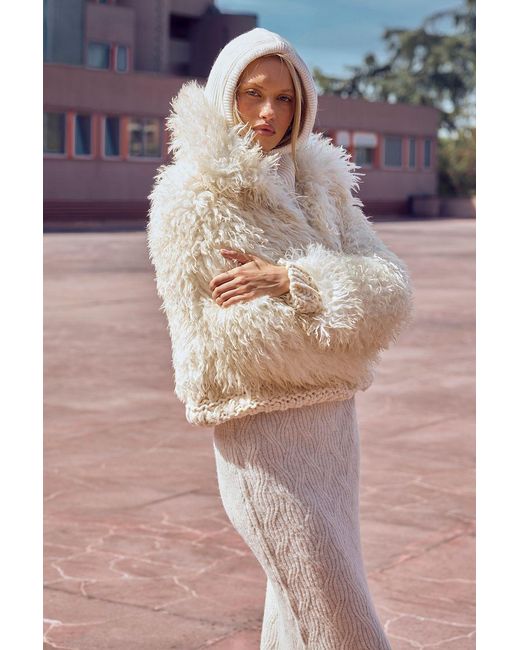 Boohoo Natural Shaggy Fur Short Coat With Clasps