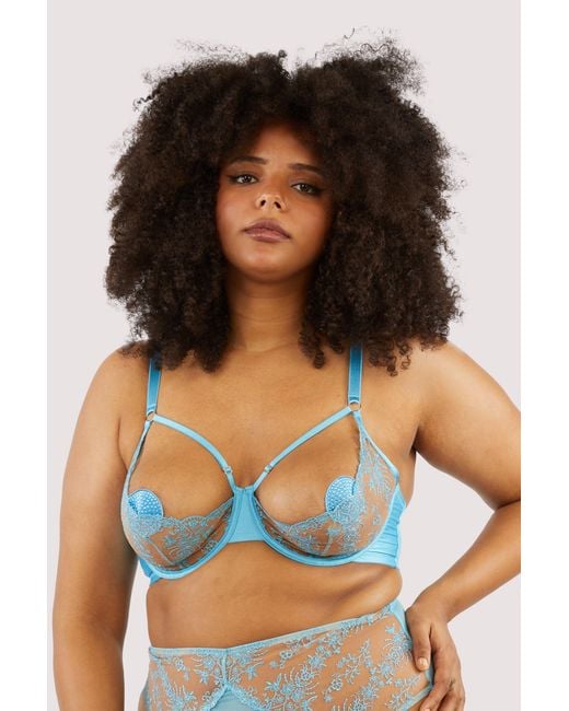 Playful Promises Blue Cassia Floral Embroidery Quarter Cup Bra Satin