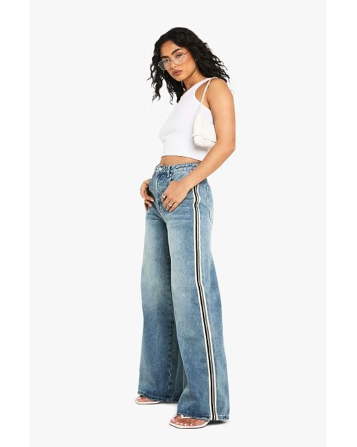 Boohoo Blue Side Stripe Detail Wide Leg Denim Jeans