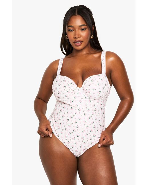 Boohoo White Plus Swimwear Essentials Ditsy Floral Ruched Underwire Swimsuit