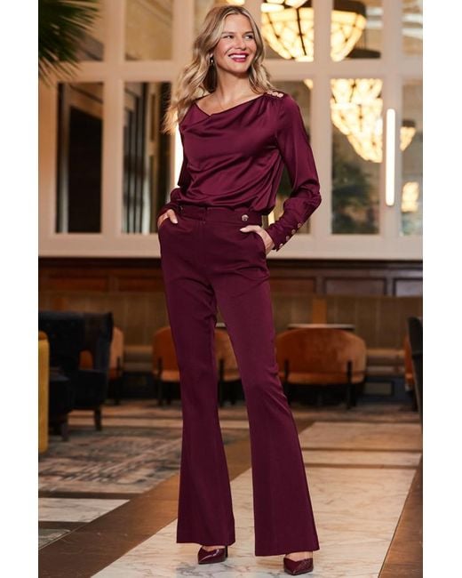 Sosandar Purple Wine Button Detail Kick Flare Trousers