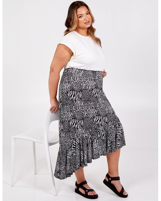 Blue Vanilla Gray Curve Asymmetric Hem Tiered Midi Skirt