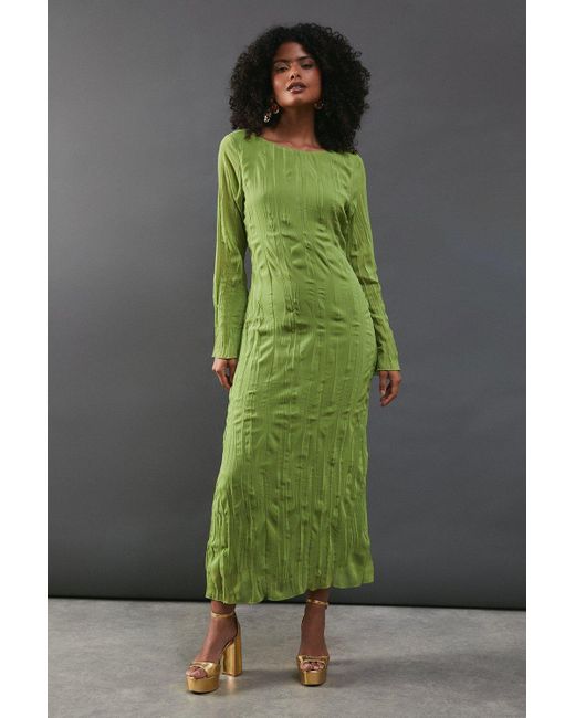 Warehouse Green Premium Pleated Chiffon Slash Neck Column Midi Dress