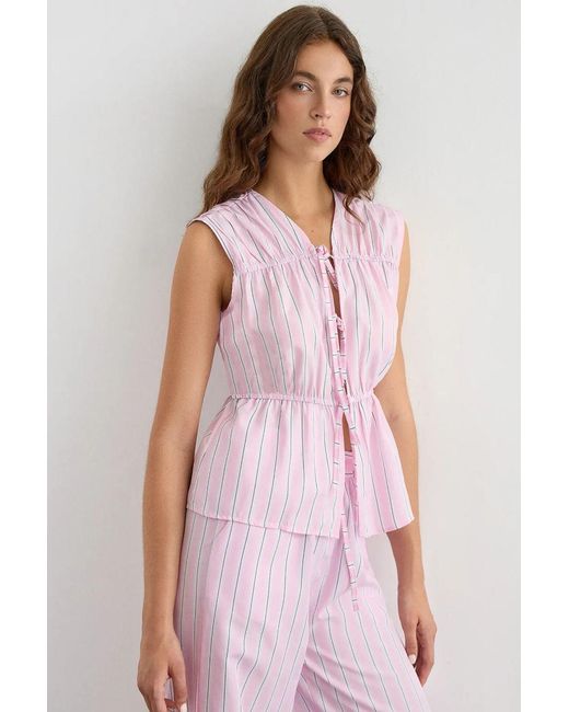 Hiccup Pink Striped Sleeveless Button-Through Peplum Blouse