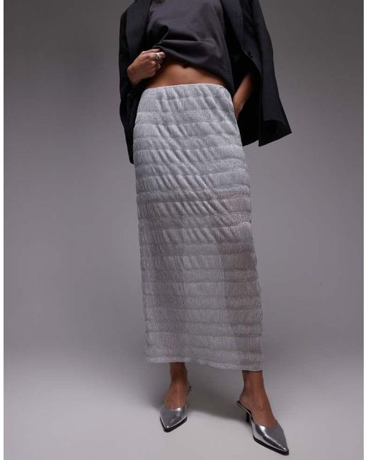 TOPSHOP Gray Sheer Crinkle Midi Skirt