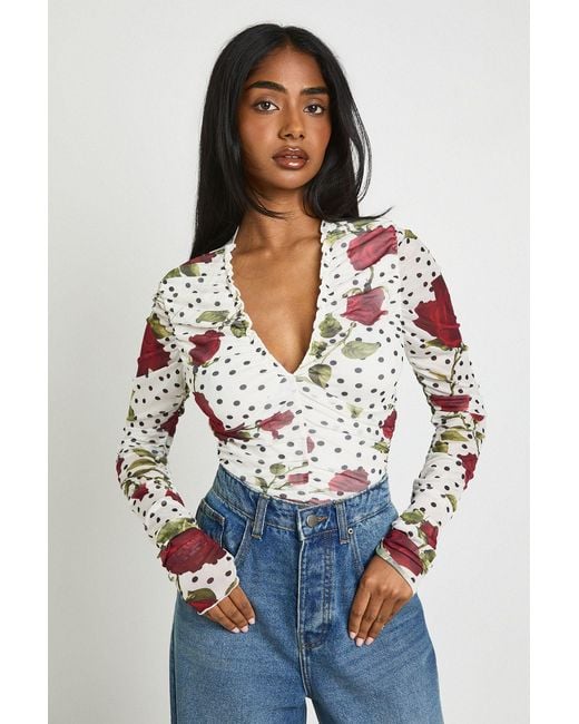 Boohoo White Rose Polka Dot Printed Mesh Ruched Neckline Longsleeve Bodysuit