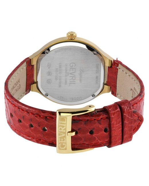 Gevril Red Lugano Swiss Diamond Mop Dial Genuine Italian Handmade Leather Watch