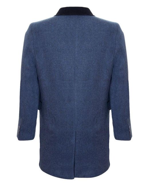 TruClothing Blue 3/4 Long Crombie Overcoat Jacket Herringbone Tweed Coat Peaky Blinder Suede for men