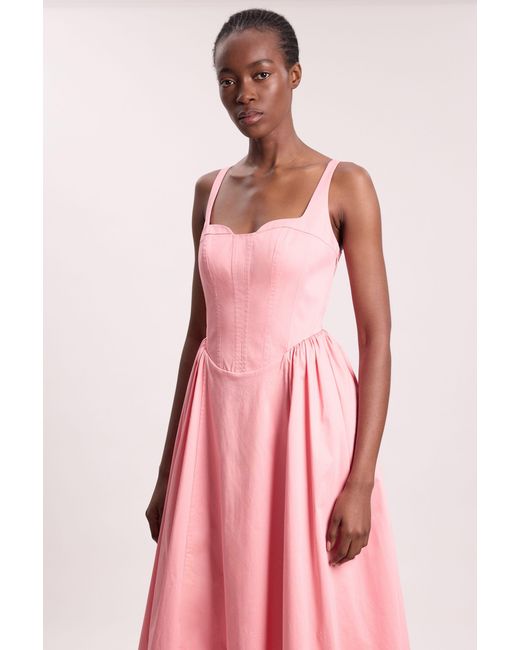 Karen Millen Pink Scattered Floral Cotton Poplin Boned Detail Woven Maxi Prom Dress