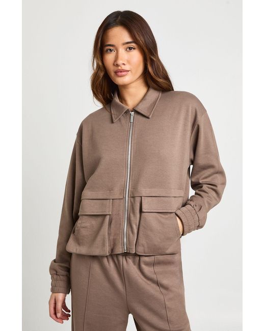 Boohoo Brown Interlock Cargo Pocket Zip Through Bomber Sweatshirt