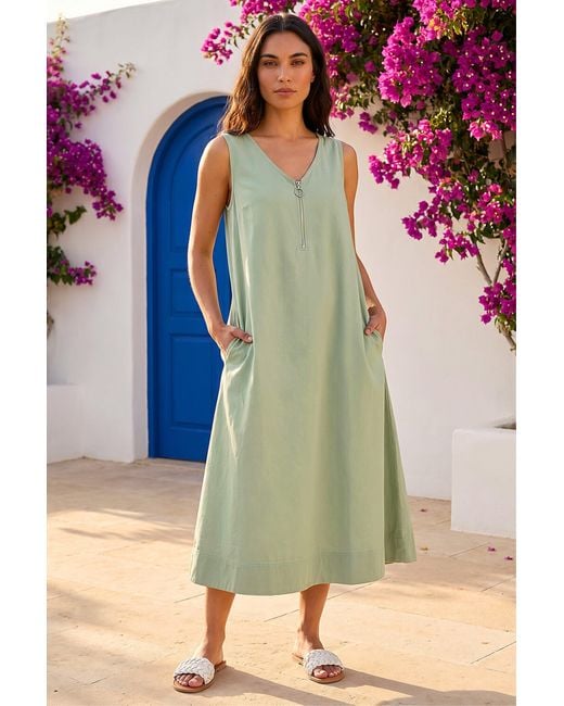 Roman Green Zip Front Sleeveless Midi Dress