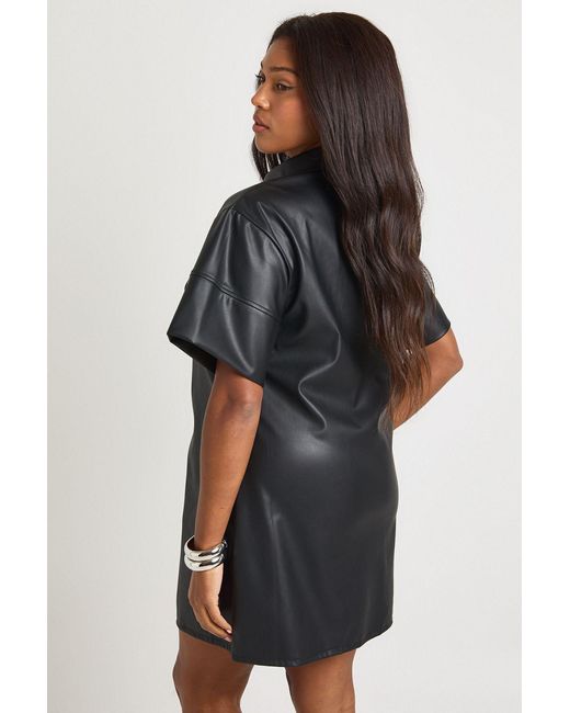 Boohoo Black Plus Pu Short Sleeve Button Down Mini Dress
