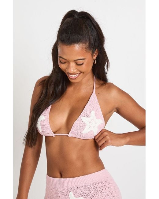 Boohoo Pink Starfish Applique Crochet Knit Bikini And Micro Short Co-Ord
