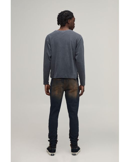 BoohooMAN Blue Crease Wash Ripped Knee Gusset Stacked Skinny Jeans for men