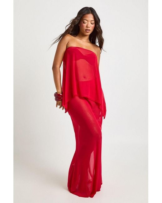Boohoo Red Mesh Bandeau Top & Maxi Beach Skirt Co-Ord