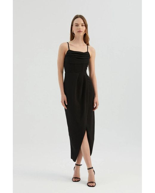 Hiccup Black Spaghetti Strap Ruched Maxi Dress With A Side Slit
