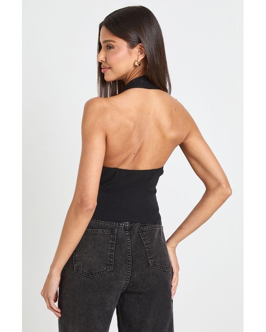 Boohoo Black Lace Trim Bengaline Halterneck Corset Top