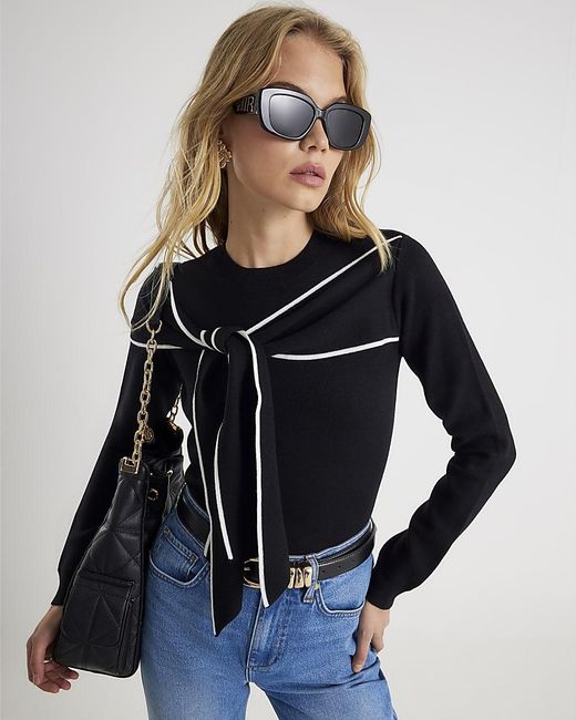 River Island Blue Jumper Knit Long Sleeve Tipped Bow
