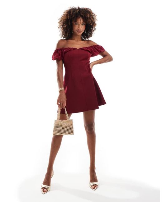 ASOS Red Chiffon Mix Bardot Mini Dress