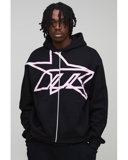BoohooMAN Black Tall Oversized Boxy Star Printed Zip Through Hoodie for men