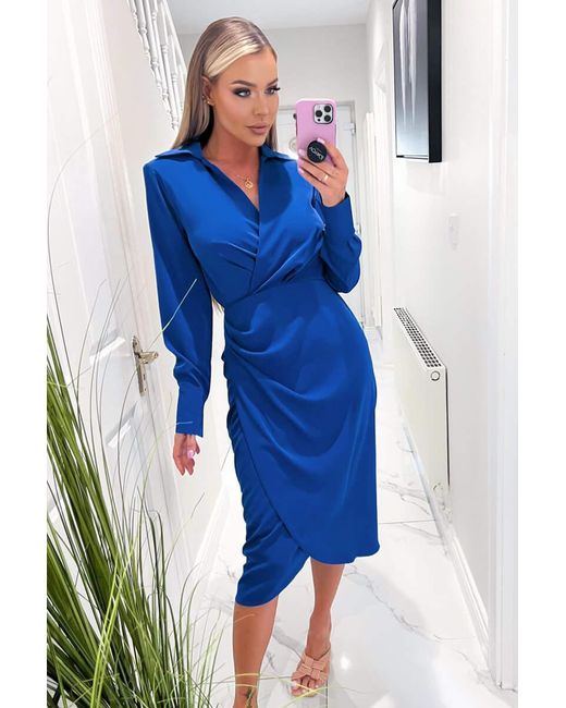 AX Paris Blue Cobalt Long Sleeve Midi Dress With Shoulder Pads