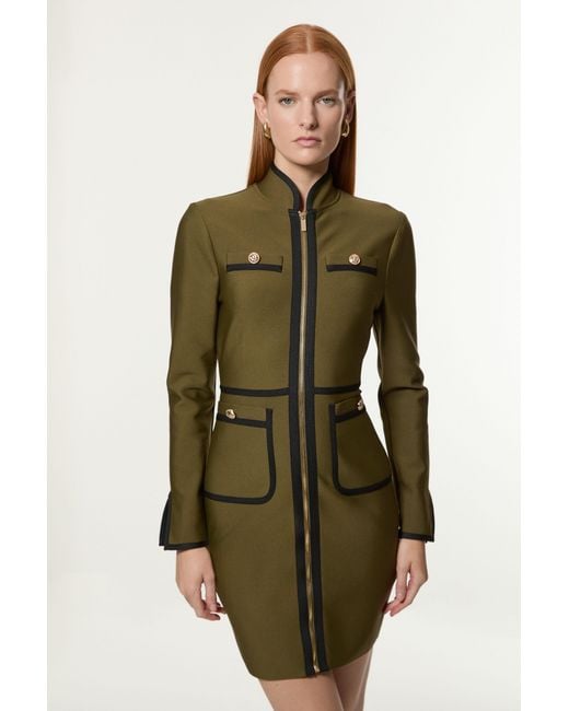 Karen Millen Green Figure Form Bandage Knit Piping Detail Military Dress