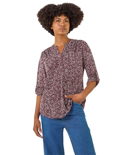 Roman Purple Leaf Print V-Neck Stretch Top