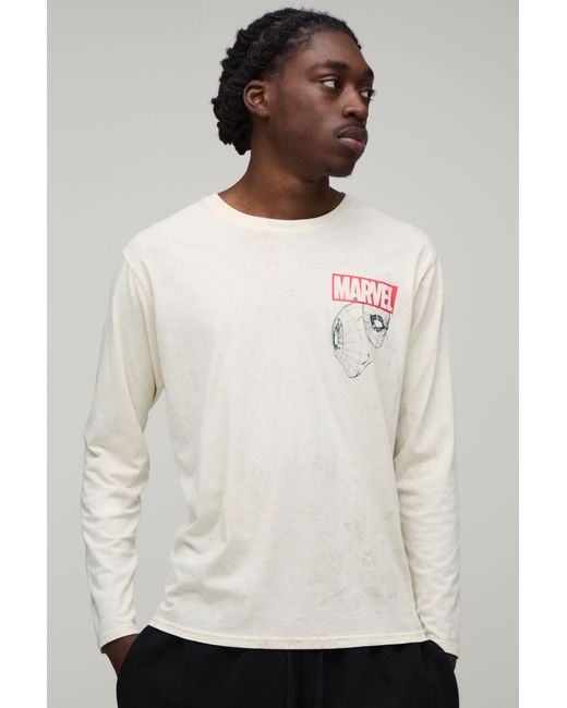 BoohooMAN Natural Oversized Spiderman Long Sleeve Acid Wash License Print T-Shirt for men