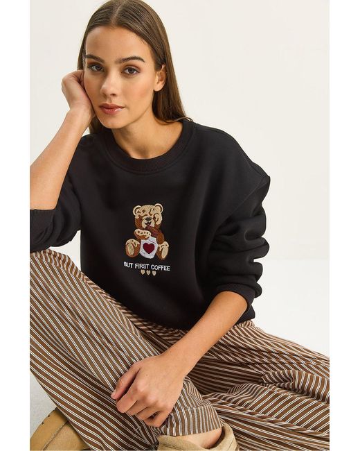 Bianco Lucci Black Embroidered Crew Neck Long Sleeve Sweatshirt